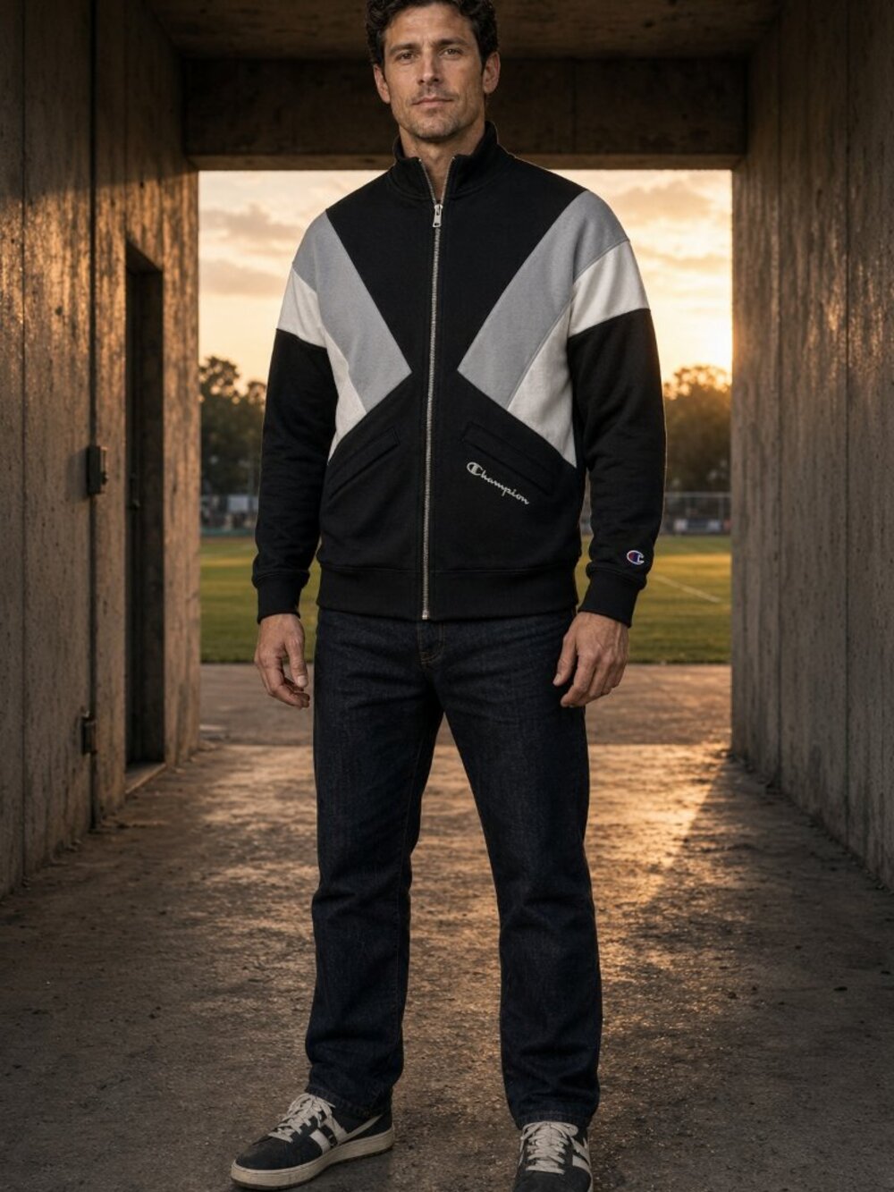 Champion Men Black Reverse Weave Zip Track Jacket Colorblock US S